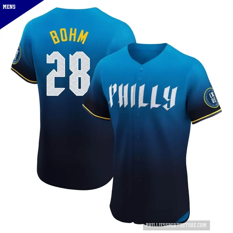 Men's No.28 Alec Bohm Philadelphia Phillies Blue Elite 2024 City Connect Jersey